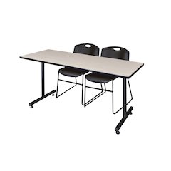 60 x 30 in. T-Base Training Seminar Table- Maple, 2 Zeng Stack Chairs- Black