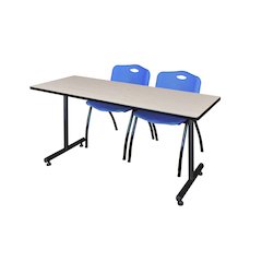 60 x 30 in. T-Base Training Seminar Table- Maple, 2 M Stack Chairs- Blue