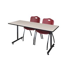 60 x 30 in. T-Base Training Seminar Table- Maple, 2 M Stack Chairs- Burgundy