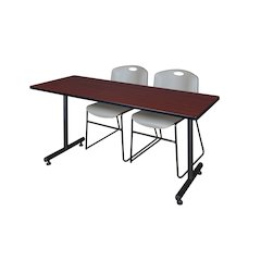 66 x 24 in. T-Base Training Seminar Table- Mahogany, 2 Zeng Stack Chairs- Grey