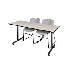 66 x 24 in. T-Base Training Seminar Table- Maple, 2 Zeng Stack Chairs- Grey
