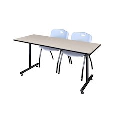 66 x 30 in. T-Base Training Seminar Table- Maple, 2 M Stack Chairs- Grey