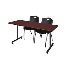 72 x 24 in. T-Base Training Seminar Table- Mahogany, 2 M Stack Chairs- Black