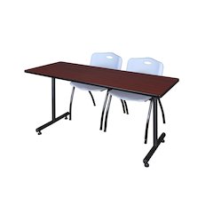 72 x 24 in. T-Base Training Seminar Table- Mahogany, 2 M Stack Chairs- Grey