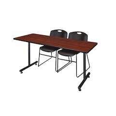 72 x 30 in. T-Base Training Seminar Table- Cherry, 2 Zeng Stack Chairs- Black