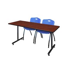 72 x 30 in. T-Base Training Seminar Table- Cherry, 2 M Stack Chairs- Blue