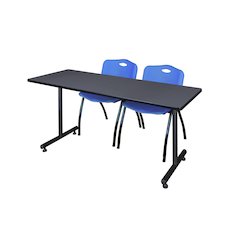 72 x 30 in. T-Base Training Seminar Table- Grey, 2 M Stack Chairs- Blue