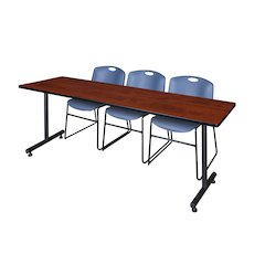 84 x 24 in. T-Base Training Seminar Table- Cherry, 2 Zeng Stack Chairs- Blue