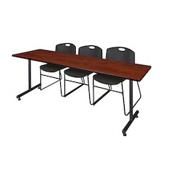 84 x 24 in. T-Base Training Seminar Table- Cherry, 2 Zeng Stack Chairs- Black