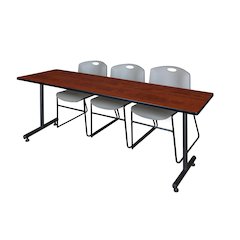 84 x 24 in. T-Base Training Seminar Table- Cherry, 2 Zeng Stack Chairs- Grey