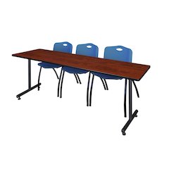 84 x 24 in. T-Base Training Seminar Table- Cherry, 2 M Stack Chairs- Blue