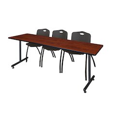 84 x 24 in. T-Base Training Seminar Table- Cherry, 2 M Stack Chairs- Black