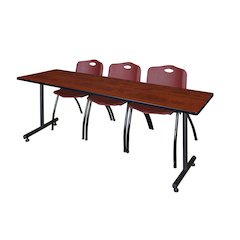 84 x 24 in. T-Base Training Seminar Table- Cherry, 2 M Stack Chairs- Burgundy