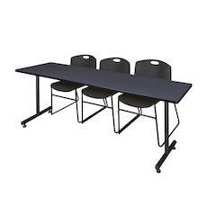 84 x 24 in. T-Base Training Seminar Table- Grey, 2 Zeng Stack Chairs- Black