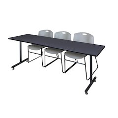 84 x 24 in. T-Base Training Seminar Table- Grey, 2 Zeng Stack Chairs- Grey