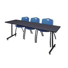 84 x 24 in. T-Base Training Seminar Table- Grey, 2 M Stack Chairs- Blue