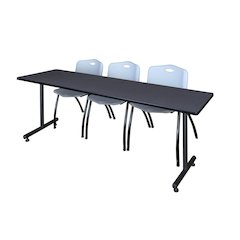84 x 24 in. T-Base Training Seminar Table- Grey, 2 M Stack Chairs- Grey