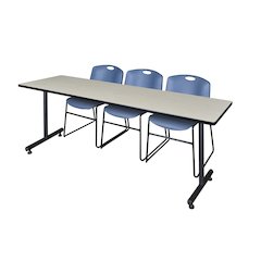84 x 24 in. T-Base Training Seminar Table- Maple, 2 Zeng Stack Chairs- Blue