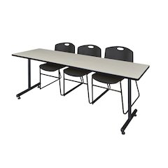 84 x 24 in. T-Base Training Seminar Table- Maple, 2 Zeng Stack Chairs- Black
