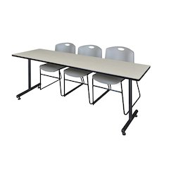 84 x 24 in. T-Base Training Seminar Table- Maple, 2 Zeng Stack Chairs- Grey