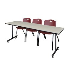 84 x 24 in. T-Base Training Seminar Table- Maple, 2 M Stack Chairs- Burgundy