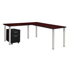 Kee 60" Single Pedestal L-Desk with 42" Return, Mahogany/Chrome