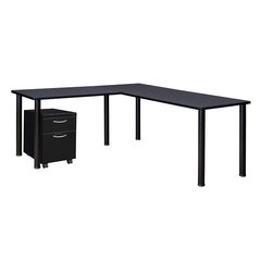 Kee 66" Single Pedestal L-Desk with 42" Return, Grey/Black
