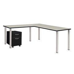 Kee 66" Single Pedestal L-Desk with 42" Return, Maple/Chrome