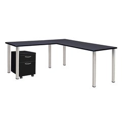 Kee 72" Single Pedestal L-Desk with 42" Return, Grey/Chrome