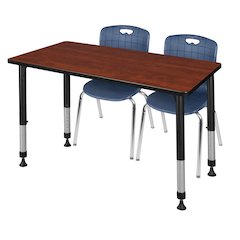 48x24 in. Adjustable Classroom Table- Cherry & 2 Andy 18 in. Stack Chairs- Blue