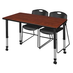 48x24 in. Mobile Adjustable Classroom Table- Cherry & 2 Zeng Stack Chairs- Black