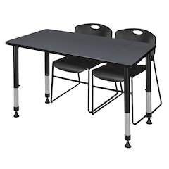 48 x 24 in. Adjustable Classroom Table- Grey & 2 Zeng Stack Chairs- Black