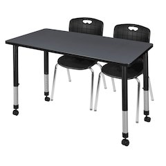 48x24 Mobile Adjustable Classroom Table- Grey & 2 Andy 18 Stack Chairs- Black