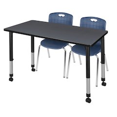 48x30 Mobile Adjustable Classroom Table- Grey & 2 Andy 18 Stack Chairs- Blue