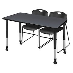 48 x 30 in. Mobile Adjustable Classroom Table- Grey & 2 Zeng Stack Chairs- Black