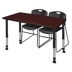 48x30 Mobile Adjustable Classroom Table- Mahogany & 2 Zeng Stack Chairs- Black