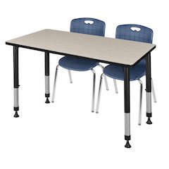 48 x 30 in. Adjustable Classroom Table- Maple & 2 Andy 18 in. Stack Chairs- Blue