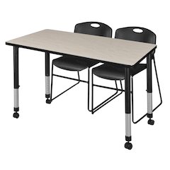 48x30 in. Mobile Adjustable Classroom Table- Maple & 2 Zeng Stack Chairs- Black