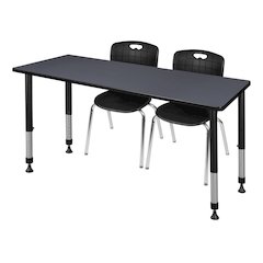 60 x 24 in. Adjustable Classroom Table- Grey & 2 Andy 18 in. Stack Chairs- Black