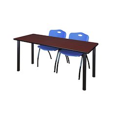 60 x 24 in. Training Table- Mahogany Top, Black Legs & 2 M Stack Chairs- Blue