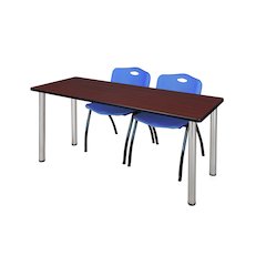 60 x 24 in. Training Table- Mahogany Top, Chrome Legs & 2 M Stack Chairs- Blue