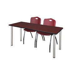 60x24 in. Training Table- Mahogany Top, Chrome Legs & 2 M Stack Chairs- Burgundy
