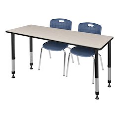 60 x 24 in. Adjustable Classroom Table- Maple & 2 Andy 18 in. Stack Chairs- Blue