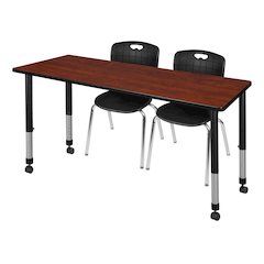 60x30 Mobile Adjustable Classroom Table- Cherry & 2 Andy 18 Stack Chairs- Black