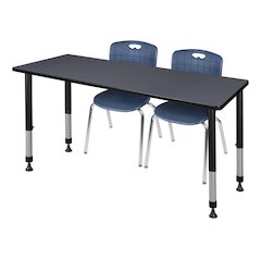 60 x 30 in. Adjustable Classroom Table- Grey & 2 Andy 18 in. Stack Chairs- Blue