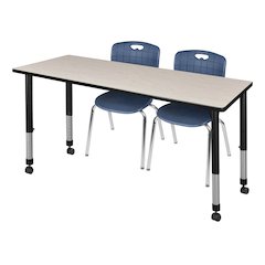 60x30 Mobile Adjustable Classroom Table- Maple & 2 Andy 18 Stack Chairs- Blue