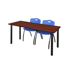 66 x 24 in. Training Table- Cherry Top, Black Legs & 2 M Stack Chairs- Blue