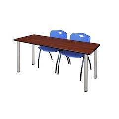 66 x 24 in. Training Table- Cherry Top, Chrome Legs & 2 M Stack Chairs- Blue