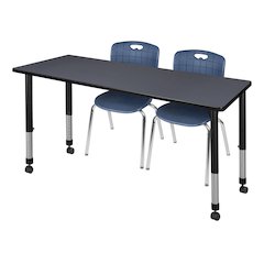 66x24 Mobile Adjustable Classroom Table- Grey & 2 Andy 18 Stack Chairs- Blue