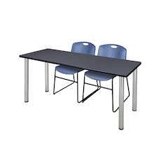 66 x 24 in. Training Table- Grey Top, Chrome Legs & 2 Zeng Chairs- Blue
